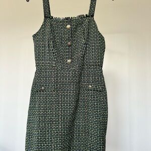 Kingston Grey Tweed Mini Dress S Sleeveless Button Front Pockets Black Green W07